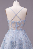 Błyszczące niebieskie ramiączka spaghetti, kwiatowa sukienka z cekinami A Line A Short Corset na homecoming