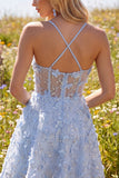 Błyszczące niebieskie ramiączka spaghetti, kwiatowa sukienka z cekinami A Line A Short Corset na homecoming