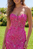 Błyszcząca fuksjowa kwiatowa sukienka Sweetheart Tight Short Gorset Dress Homecoming z koralikami