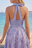 Błyszcząca szaro-niebieska haltarka z koralikami A Line Short Homecoming Dress z kokardą