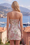 Niebieska Żakardowa Sukienka Bodycon Floweral Homecoming z kokardą