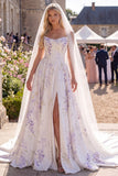 Białofioletowy kwiat A Line Gorset Sweep Train Beach Wedding Dress z welonami