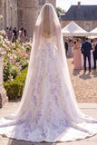 Białofioletowy kwiat A Line Gorset Sweep Train Beach Wedding Dress z welonami