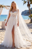 Kwiatowy biały gorset A Line Sweep Train Sweetheart Beach Wedding Dress z welonami