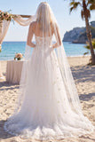 Kwiatowy biały gorset A Line Sweep Train Sweetheart Beach Wedding Dress z welonami