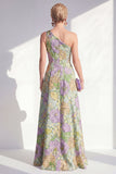Jednoramieczna niebieska, kwiatowa długa sukienka matki panny młodej z rozcięciem