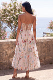 Ivory Sweetheart Tiulle Corset, A-linia haftowana sukienka midi w kwiaty