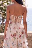 Ivory Sweetheart Tiulle Corset, A-linia haftowana sukienka midi w kwiaty