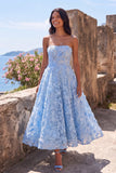 Niebieska, bezramiączkowa przezroczysta sukienka z dodatkiem midi w kształcie korsetu bez ramiączek