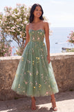 Sweetheart Dusty Sage A-Line Tiul z przezroczystym gorsetem z haftowanym kwiatowym midi