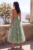 Sweetheart Dusty Sage A-Line Tiul z przezroczystym gorsetem z haftowanym kwiatowym midi