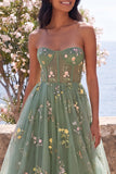 Sweetheart Dusty Sage A-Line Tiul z przezroczystym gorsetem z haftowanym kwiatowym midi
