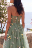 Sweetheart Dusty Sage A-Line Tiul z przezroczystym gorsetem z haftowanym kwiatowym midi