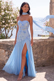 Chiffon Blue A-Line Sweetheart Floral Maxi Dress z rozcięciem