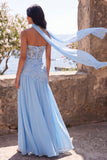 Chiffon Blue A-Line Sweetheart Floral Maxi Dress z rozcięciem
