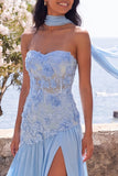 Chiffon Blue A-Line Sweetheart Floral Maxi Dress z rozcięciem