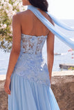 Chiffon Blue A-Line Sweetheart Floral Maxi Dress z rozcięciem