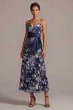 Sukienka Midi Mother Of the Bride A-Line Navy Will Bone Kwiatowe Kwiatowe Ramiączka Spaghetti