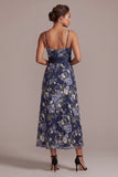 Sukienka Midi Mother Of the Bride A-Line Navy Will Bone Kwiatowe Kwiatowe Ramiączka Spaghetti