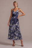 Sukienka Midi Mother Of the Bride A-Line Navy Will Bone Kwiatowe Kwiatowe Ramiączka Spaghetti