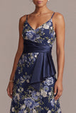 Sukienka Midi Mother Of the Bride A-Line Navy Will Bone Kwiatowe Kwiatowe Ramiączka Spaghetti