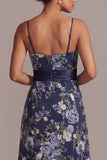 Sukienka Midi Mother Of the Bride A-Line Navy Will Bone Kwiatowe Kwiatowe Ramiączka Spaghetti