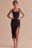 bodycon Midi z grubymi ramiączkami – formalna sukienka z rozcięciem