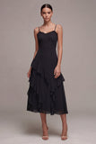 Sukienka A Line Spaghetti Straps Midi Black Tie z falbanami