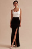 Suknia formalna Mermaid Black and White Colorblock Square Neck i rozcięciem