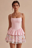 Różowa A Line Short Kwiecista Spaghetti Suite Graduation Dress z falbanami
