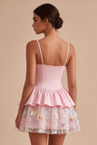 Różowa A Line Short Kwiecista Spaghetti Suite Graduation Dress z falbanami