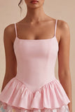 Różowa A Line Short Kwiecista Spaghetti Suite Graduation Dress z falbanami