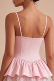 Różowa A Line Short Kwiecista Spaghetti Suite Graduation Dress z falbanami