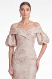 Sukienka z kwiatem syreny z odsłoniętymi ramionami, różowy kwiat żakardowy, długa sukienka matki panny młodej