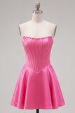 Sweetheart Fuchsia Pearls Corset A-line satynowa sukienka na homecoming