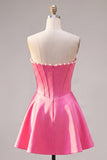 Sweetheart Fuchsia Pearls Corset A-line satynowa sukienka na homecoming