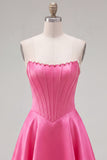 Sweetheart Fuchsia Pearls Corset A-line satynowa sukienka na homecoming
