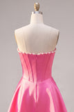 Sweetheart Fuchsia Pearls Corset A-line satynowa sukienka na homecoming