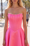 Sweetheart Fuchsia Pearls Corset A-line satynowa sukienka na homecoming