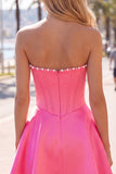 Sweetheart Fuchsia Pearls Corset A-line satynowa sukienka na homecoming