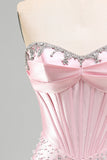 Błyszczący różowy koralkowy gorset, obcisły suknia Blueheart Short Pearl Homecoming z cyrkamienkami