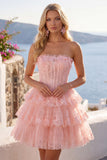 Blush z tiulu A-Line – bezramiączkowy kwiatowy gorset, wielopoziomowa sukienka na powrót do domu