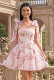 White Pink Flower A-Line Thick Straps Chiffon Homecoming Dress
