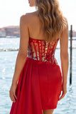 Sweetheart Red bodycon przezroczysty gorset z marszczowanymi cekinami – sukienka na homecoming z pasem