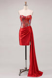 Sweetheart Red bodycon przezroczysty gorset z marszczowanymi cekinami – sukienka na homecoming z pasem