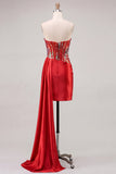 Sweetheart Red bodycon przezroczysty gorset z marszczowanymi cekinami – sukienka na homecoming z pasem