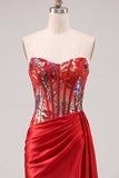Sweetheart Red bodycon przezroczysty gorset z marszczowanymi cekinami – sukienka na homecoming z pasem