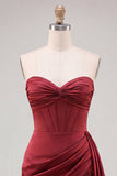 Bordowy bodycon Sweetheart Corset, marszczany i frędzlowy sznurowak na plecach