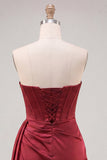 Bordowy bodycon Sweetheart Corset, marszczany i frędzlowy sznurowak na plecach