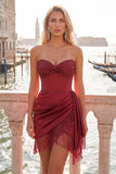 Bordowy bodycon Sweetheart Corset, marszczany i frędzlowy sznurowak na plecach